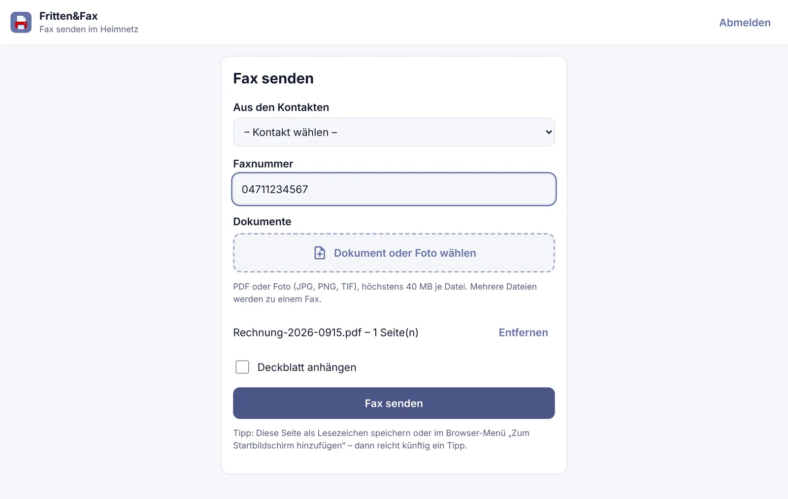 Faxseite im Browser: Kontakt oder Nummer, Dokument wählen, Fax senden